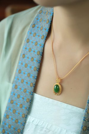 Chinese Style Natural Hetian Jade Green Pendant Necklace with Pure Silver Water Droplet and Gold Inlaid Design - Women's Sweater Chain