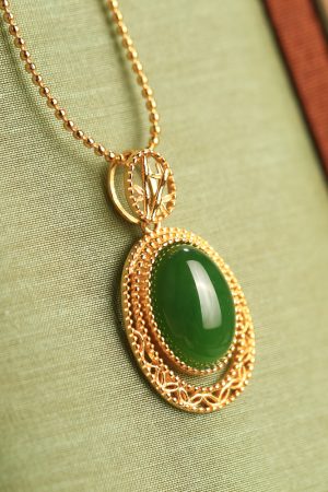 Chinese Style Natural Hetian Jade Green Pendant Necklace with Pure Silver Water Droplet and Gold Inlaid Design - Women's Sweater Chain