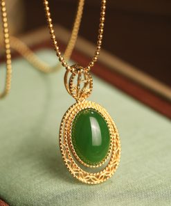 Chinese Style Natural Hetian Jade Green Pendant Necklace with Pure Silver Water Droplet and Gold Inlaid Design - Women's Sweater Chain