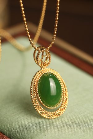 Chinese Style Natural Hetian Jade Green Pendant Necklace with Pure Silver Water Droplet and Gold Inlaid Design - Women's Sweater Chain