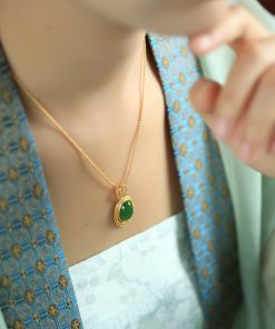 Chinese Style Natural Hetian Jade Green Pendant Necklace with Pure Silver Water Droplet and Gold Inlaid Design - Women's Sweater Chain