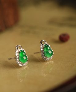 Chinese Style Natural Jade Gourd Earrings for Women - Pure Silver, Yang Green Gemstone Accessories, National Wind Design