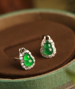 Chinese Style Natural Jade Gourd Earrings for Women - Pure Silver, Yang Green Gemstone Accessories, National Wind Design