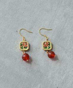 Chinese Style Natural Red Agate Flower Earrings in S925 Silver - Vintage Copper Glaze Women's Accessories, National Style Gift