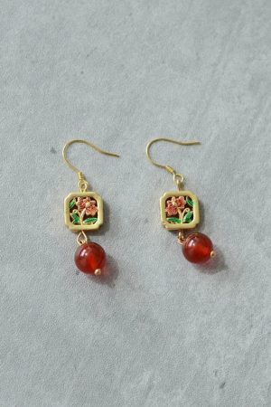 Chinese Style Natural Red Agate Flower Earrings in S925 Silver - Vintage Copper Glaze Women's Accessories, National Style Gift