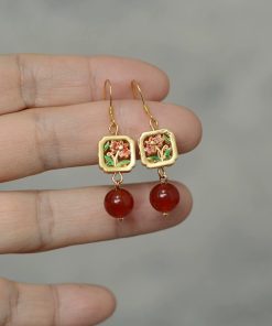 Chinese Style Natural Red Agate Flower Earrings in S925 Silver - Vintage Copper Glaze Women's Accessories, National Style Gift