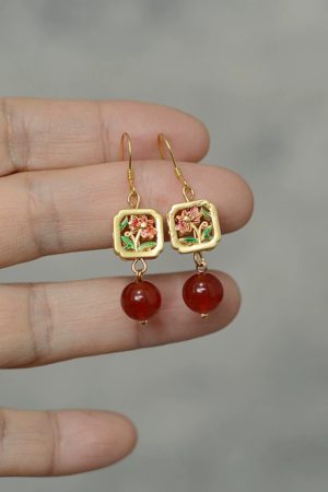 Chinese Style Natural Red Agate Flower Earrings in S925 Silver - Vintage Copper Glaze Women's Accessories, National Style Gift