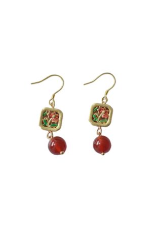 Chinese Style Natural Red Agate Flower Earrings in S925 Silver - Vintage Copper Glaze Women's Accessories, National Style Gift