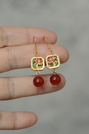 Chinese Style Natural Red Agate Flower Earrings in S925 Silver - Vintage Copper Glaze Women's Accessories, National Style Gift