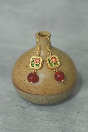 Chinese Style Natural Red Agate Flower Earrings in S925 Silver - Vintage Copper Glaze Women's Accessories, National Style Gift