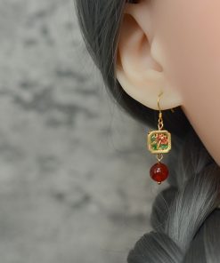 Chinese Style Natural Red Agate Flower Earrings in S925 Silver - Vintage Copper Glaze Women's Accessories, National Style Gift
