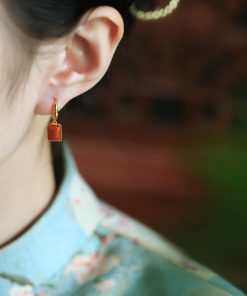 Chinese Style Natural Red Agate Square Pendant Earrings for Women - Pure Silver National Wind Ear Drops Accessories