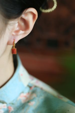 Chinese Style Natural Red Agate Square Pendant Earrings for Women - Pure Silver National Wind Ear Drops Accessories