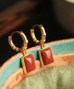 Chinese Style Natural Red Agate Square Pendant Earrings for Women - Pure Silver National Wind Ear Drops Accessories