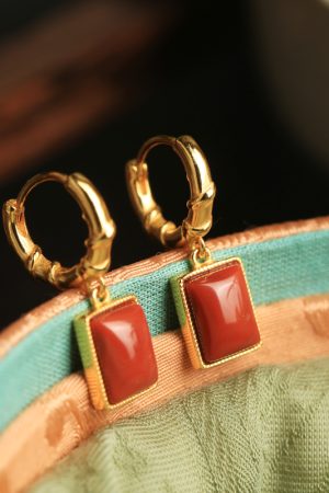Chinese Style Natural Red Agate Square Pendant Earrings for Women - Pure Silver National Wind Ear Drops Accessories