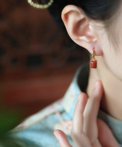Chinese Style Natural Red Agate Square Pendant Earrings for Women - Pure Silver National Wind Ear Drops Accessories