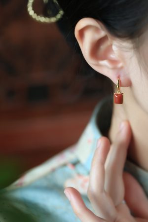Chinese Style Natural Red Agate Square Pendant Earrings for Women - Pure Silver National Wind Ear Drops Accessories