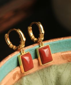 Chinese Style Natural Red Agate Square Pendant Earrings for Women - Pure Silver National Wind Ear Drops Accessories