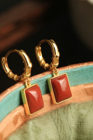 Chinese Style Natural Red Agate Square Pendant Earrings for Women - Pure Silver National Wind Ear Drops Accessories