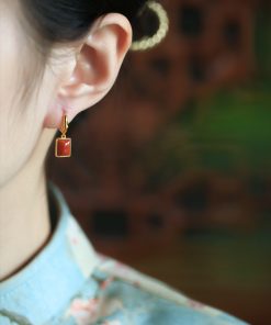 Chinese Style Natural Red Agate Square Pendant Earrings for Women - Pure Silver National Wind Ear Drops Accessories