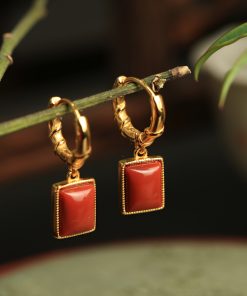 Chinese Style Natural Red Agate Square Pendant Earrings for Women - Pure Silver National Wind Ear Drops Accessories