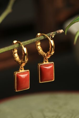 Chinese Style Natural Red Agate Square Pendant Earrings for Women - Pure Silver National Wind Ear Drops Accessories