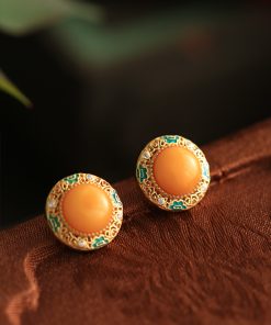Chinese Style Natural Yellow Beeswax Earrings with Silver Safety Buckle, Colorful Enamel and Gold-Inlaid Jade for Women