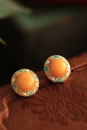Chinese Style Natural Yellow Beeswax Earrings with Silver Safety Buckle, Colorful Enamel and Gold-Inlaid Jade for Women