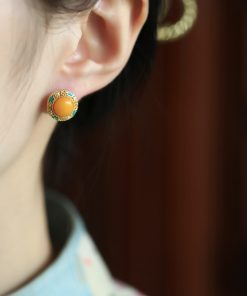 Chinese Style Natural Yellow Beeswax Earrings with Silver Safety Buckle, Colorful Enamel and Gold-Inlaid Jade for Women