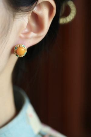 Chinese Style Natural Yellow Beeswax Earrings with Silver Safety Buckle, Colorful Enamel and Gold-Inlaid Jade for Women