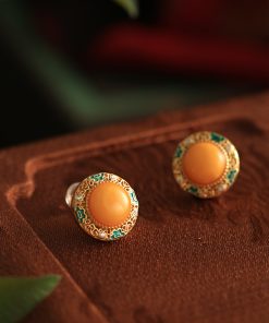 Chinese Style Natural Yellow Beeswax Earrings with Silver Safety Buckle, Colorful Enamel and Gold-Inlaid Jade for Women