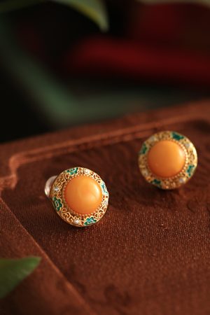 Chinese Style Natural Yellow Beeswax Earrings with Silver Safety Buckle, Colorful Enamel and Gold-Inlaid Jade for Women