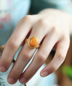 Chinese Style Natural Yellow Beeswax Earrings with Silver Safety Buckle, Colorful Enamel and Gold-Inlaid Jade for Women