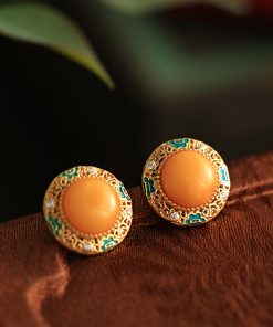 Chinese Style Natural Yellow Beeswax Earrings with Silver Safety Buckle, Colorful Enamel and Gold-Inlaid Jade for Women