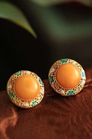 Chinese Style Natural Yellow Beeswax Earrings with Silver Safety Buckle, Colorful Enamel and Gold-Inlaid Jade for Women