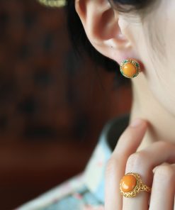 Chinese Style Natural Yellow Beeswax Earrings with Silver Safety Buckle, Colorful Enamel and Gold-Inlaid Jade for Women