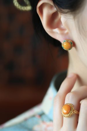 Chinese Style Natural Yellow Beeswax Earrings with Silver Safety Buckle, Colorful Enamel and Gold-Inlaid Jade for Women