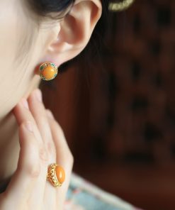 Chinese Style Natural Yellow Beeswax Earrings with Silver Safety Buckle, Colorful Enamel and Gold-Inlaid Jade for Women