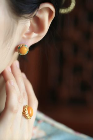 Chinese Style Natural Yellow Beeswax Earrings with Silver Safety Buckle, Colorful Enamel and Gold-Inlaid Jade for Women