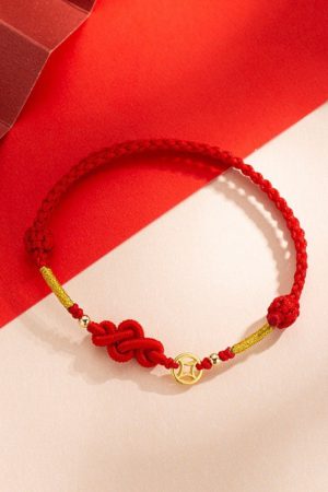 Chinese-Style Peace Knot Copper Coin Red Rope Bracelet for Women, Exquisite Woven Hand Accessory for Attracting Wealth and Fortune