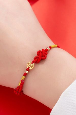 Chinese-Style Peace Knot Copper Coin Red Rope Bracelet for Women, Exquisite Woven Hand Accessory for Attracting Wealth and Fortune