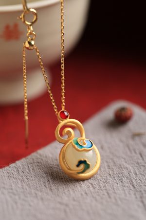 Chinese Style Pure Silver Enamel Gourd Pendant Necklace with Jade Clavicle Chain for Women - National Wind Jewelry
