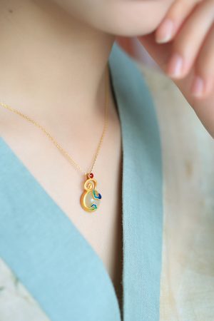 Chinese Style Pure Silver Enamel Gourd Pendant Necklace with Jade Clavicle Chain for Women - National Wind Jewelry