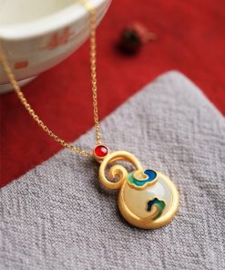 Chinese Style Pure Silver Enamel Gourd Pendant Necklace with Jade Clavicle Chain for Women - National Wind Jewelry