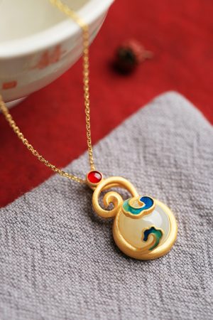Chinese Style Pure Silver Enamel Gourd Pendant Necklace with Jade Clavicle Chain for Women - National Wind Jewelry