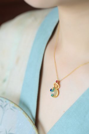 Chinese Style Pure Silver Enamel Gourd Pendant Necklace with Jade Clavicle Chain for Women - National Wind Jewelry
