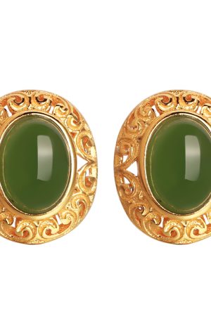 Chinese Style Pure Silver Flower Wire Earrings with Green Jade Stone - Elegant National Wind Jewelry for Women