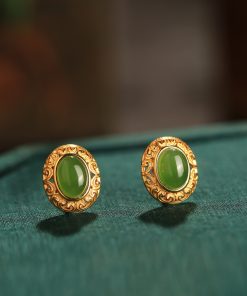 Chinese Style Pure Silver Flower Wire Earrings with Green Jade Stone - Elegant National Wind Jewelry for Women