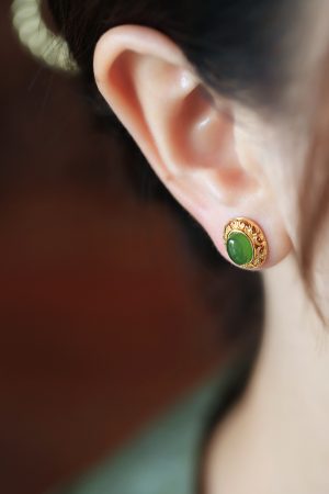 Chinese Style Pure Silver Flower Wire Earrings with Green Jade Stone - Elegant National Wind Jewelry for Women