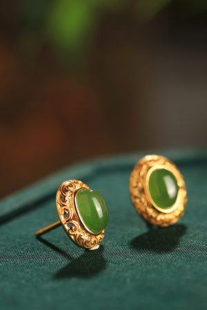 Chinese Style Pure Silver Flower Wire Earrings with Green Jade Stone - Elegant National Wind Jewelry for Women